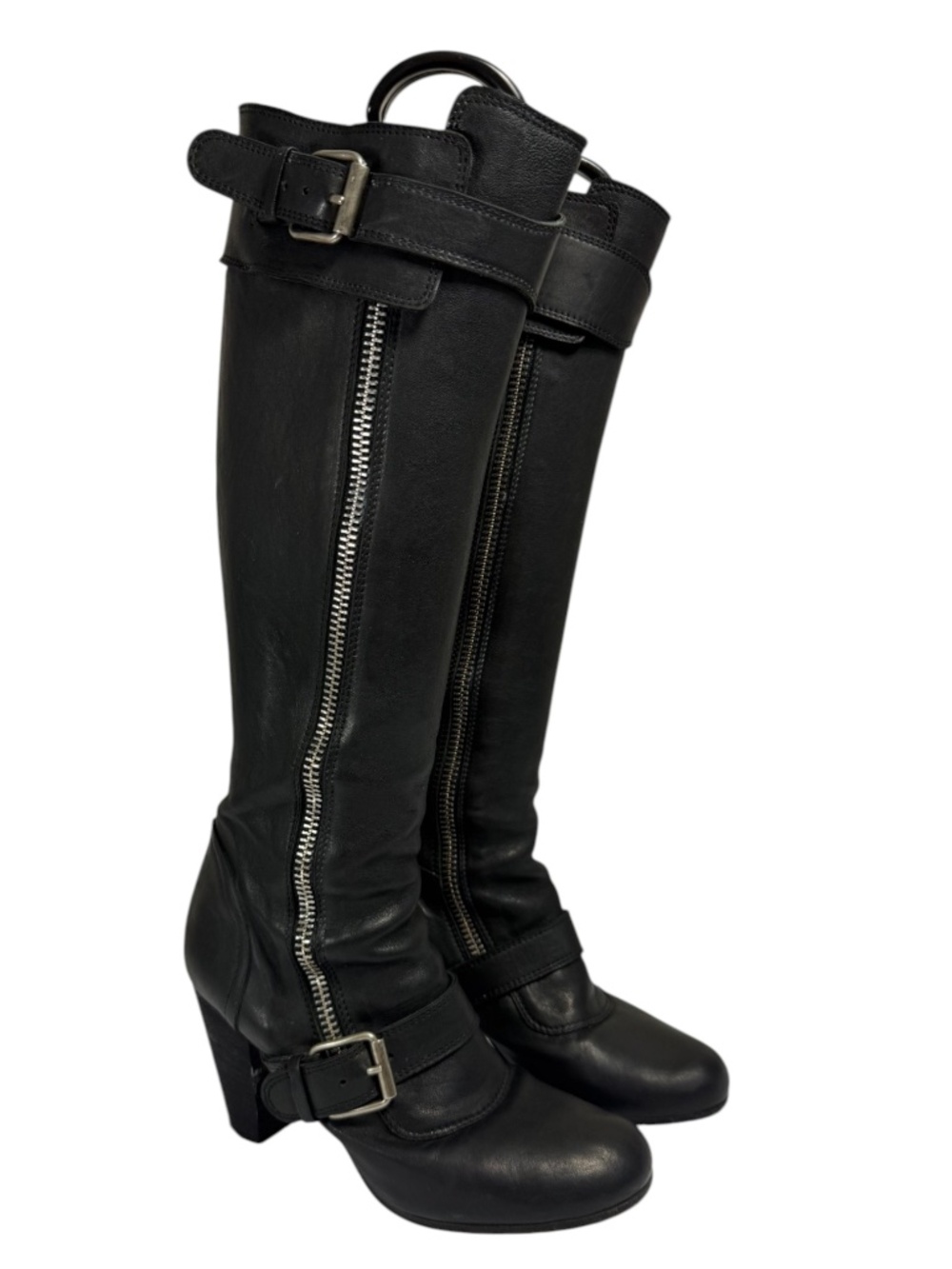 Chloé Black Leather Knee High Moto Boots Buckle Zip Block Heel Size 39